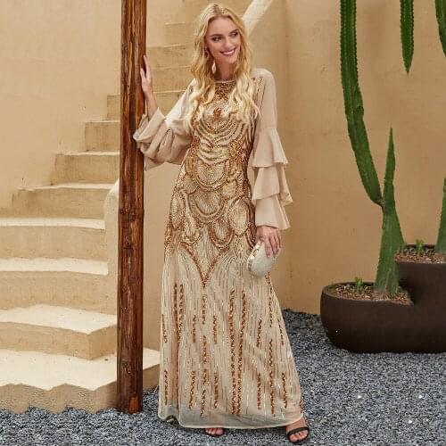 MD Elegant Women Wedding Party Luxury Sequin Dress Ruffle sleeve Maxi Dresses Arab Turkey Oman Morocco Dubai Abaya 2021 Fashion