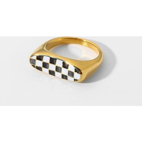 Enamel Black And White Checkerboard Grid Strip Shape Rings For Women 18k Gold Plated Stainless Steel Ring Jewelry