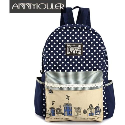 Annmouler Women Canvas Backpack Polka Dots Rucksack Lace Flower Bagpack Large Capacity Laptop Backpack Girls Student School Bag