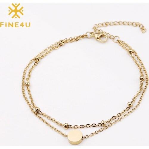 FINE4U B556 Dainty Round Coin Disc Initial Bracelets for Women Layered Beads Balls Bracelet for Women Girls Jewelry Gifts