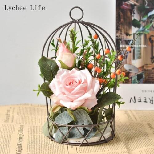 Lychee Life Retro Nordic Birdcage Hanging Flower Stand Shelf Iron Balcony Bird Cage Ornament DIY Home Decoration