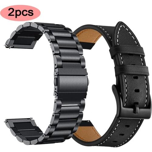 2pcs Metal strap+Genuine Leather band For Samsung Galaxy watch 3 45mm 41mm/Active 2 46mm/42mm Gear S3 Frontier 20 22mm bracelet