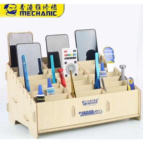 Mutifunctional Wooden Storage Box Trapezoid Bottom Intaglio Design Desktop Phone Repair Screwdriver Set Tweezers Parts Organizer