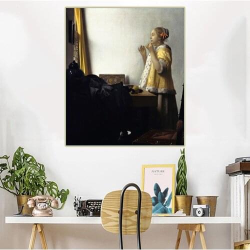 Citon Johannes Vermeer《Young Woman with a Pearl Necklace》Canvas Oil Painting Artwork Picture Painting Wall Decor Home Decoration