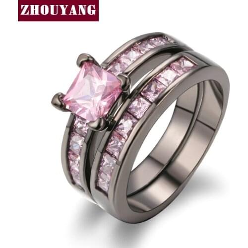 Black Gold Color Luxury 2 Rounds Bijoux Fashion Cocktail Party Ring Set Pink Square Cubic Zirconia Jewelry For Gift R578