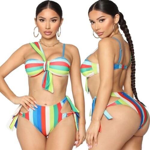 2021 New Bikini Set Swimsuit European and American Printed Striped Lace -up High Waist Sexy Swimming Suit for Women Gift