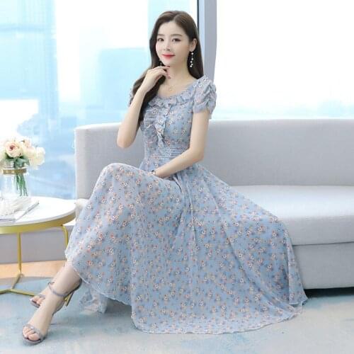 2021 summer new Korean fashion waist slimming temperament light mature wind chiffon floral long dress tide