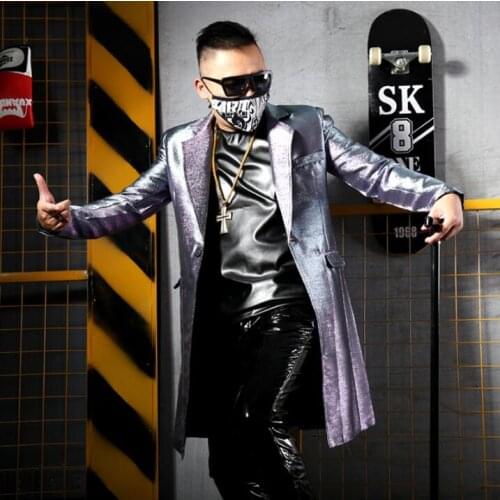 New mens Nightclub singer bar DJMCDS stage costume performance dress silver silk gradient effect casual wear suit S~5XL