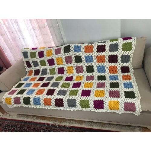 Handmade original crochet afghan blanket hand hook crochet blanket cushion felt pastoral style grandma square
