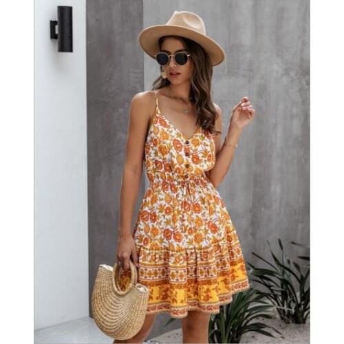 Hippie Floral Printed Fad Summer Strap Maxi Dress Sleeveless V Neck Vintage Cami Vestidos Boho Beach Casual Women Slip Dresses
