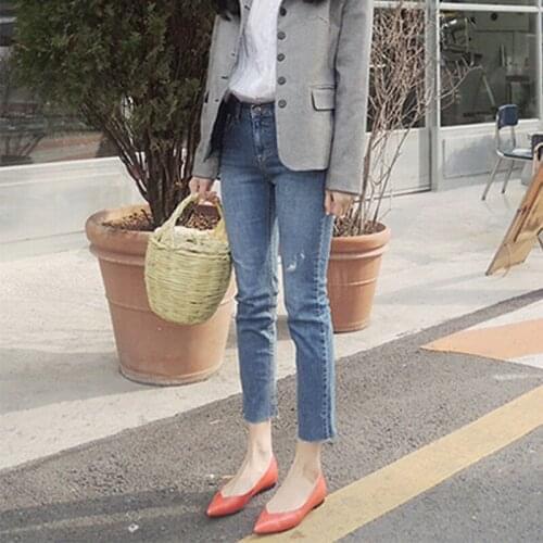 2020 spring new high-rise minimalist jeans stretch small straight raw edge hole cropped pants