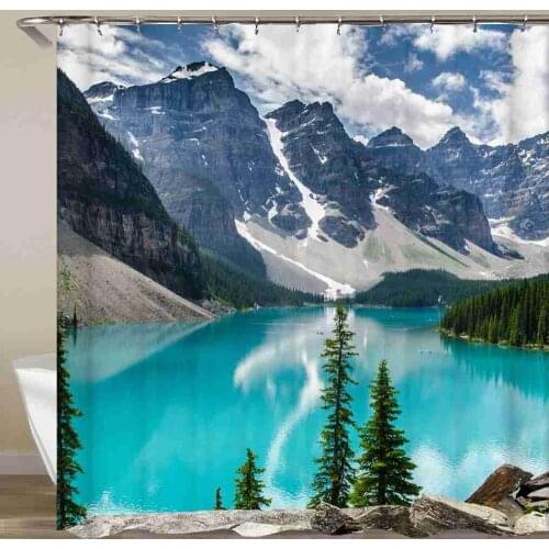 Nature Landscape Scenery Shower Curtain Forest&Mountain&River Reflection Bathroom Curtain Waterproof Fabric With Hook 72x72 Inch