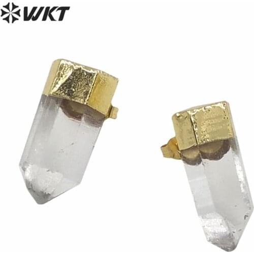 WT-E640 New design women natural clear crystal quartz earring studs fashion gold plated bullet shape quartz studs