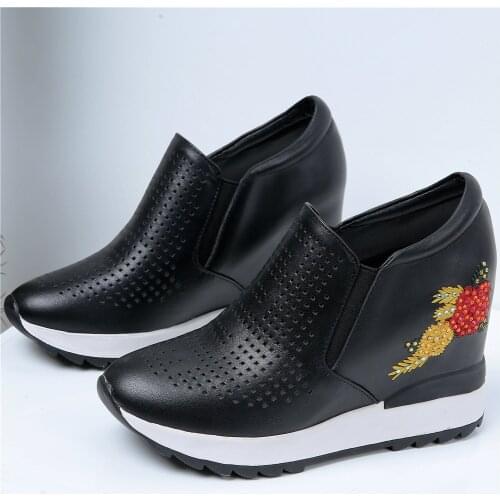 Rhinestones Pumps Women Hollow Cow Leather Wedges High Heel Ankle Boots Female Flowers Round Toe Fashion Sneakers Casual Shoes