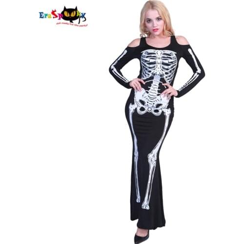 Eraspooky Halloween Costume For Women Scary Skeleton Costume Female Off Shoulder Sexy Bone Long Fancy Dress Cosplay
