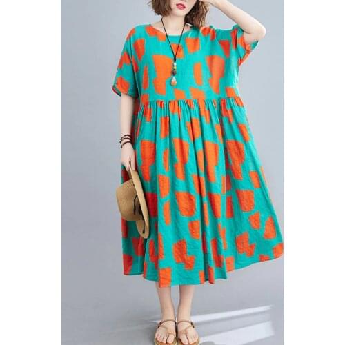 Women Pullover Dress Plus Size Linen Summer Dress Oversize Geometric Print Cotton Boho Dress Robe Female One-Piece Sundress 2021
