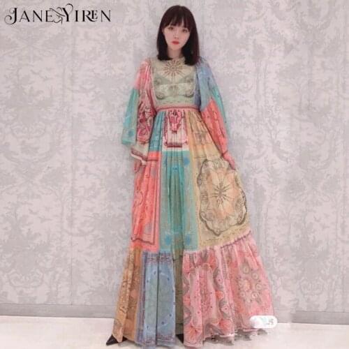 Janeyiren 2021 designer fashion summer maxi dress Womens lotus sleeves vintage pattern printing Cotton holiday long dress