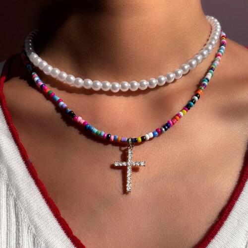 Boho Simulated-pearl Bead Necklaces For Women Rhinestone Cross Pendant Necklace Multicolor Seed Beads Strand Aesthetic Jewelry