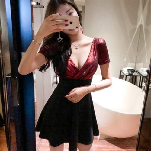 Real shot 2020 summer fashion nightclub womens low-cut deep V-neck A-line dress ladies sexy strapless short dress