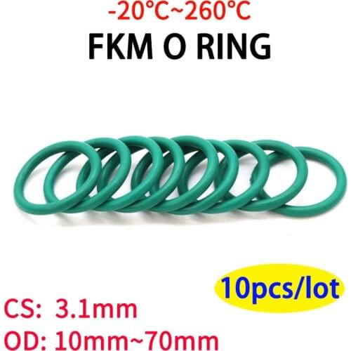 10pcs CS3.1mm OD 10~70mm Green FKM Fluorine Rubber O Ring Sealing Gasket Insulation Oil High Temperature Resistance Green