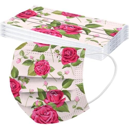 10pc Fashion Floral Disposable Masks Women 3-layers Protection Mouth Mask Breathable Adjust Mouthmask Party Decoration Masque