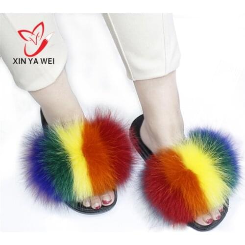 100% real fox fur slippers women fur slides rainbow shoe cute fur flip flops women travel Furry shoes jelly bags Set fashion bag