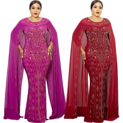 African Women Long Cloak Cape Maxi Evening Party Dress Dashiki Femme Robe Slim Beading Diamonds Mermaid Dresses Gown Dubai Abaya