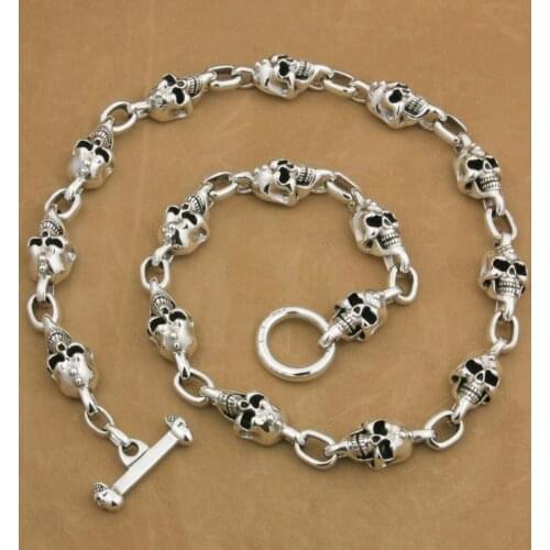 LINSION 925 Sterling Silver Skulls Chain Mens Boys Biker Rock Punk Necklace 9N022N