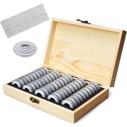 50pcs/Box Coin Holder Case with Wooden Storage Box Round Coin Capsules Commemorative Coin Holder Coin Display Case Organizer