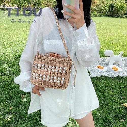 2021 Designer Pearl Fashion Straw Women Crossbody Bag Casual Hand-Woven Shoulder Bags Seaside Vacation Female Solid Handbag