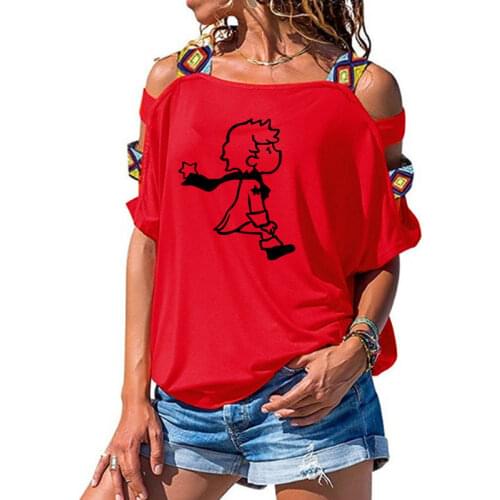 Womens Short sleeve Cute Little Prince Silhouette T-shirt Summer Fashion clothing t shirt womens Sexy Hollow Out Shoulder shirt