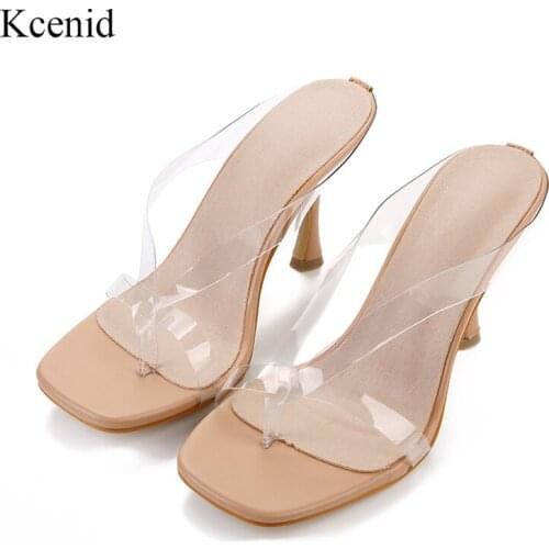Kcenid New summer square toe 9cm high heels slides women transparent clear strap flip flop slippers jelly sandal ladies shoes