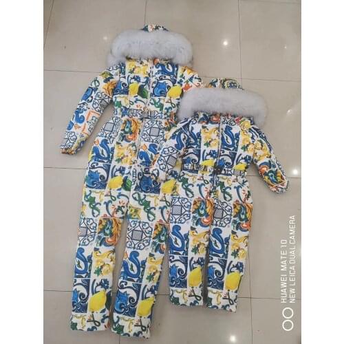 Family sets 2019 winter Outwear suit Family set monther and child raccoon fur hooded jumpsuit Women down suits outdoor ski suit