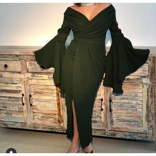 Short Green V-Neck Chiffon Evening Dresses with Sleeves Zipper Back Slit Pleated Abendkleid Formal Party Gown for Women