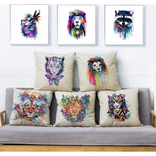 Colorful Watercolor Animal Lion Tiger Print Throw Pillow Cover 45*45cm Cushion Covers Linen Pillow Case Home Decor Pillows Cases