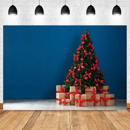 Laeacco Christmas Tree Child Portrait Photography Background Banner Red Balls Gifts Blue Backdrop Photocall Poster Photo Studio