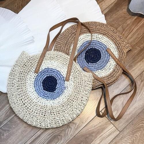 Summer Leisure Round Straw Rope Bag Color Splicing Handmade Rattan Woven Beach Female Shoulder Crossbody Pouch Beach Handbag