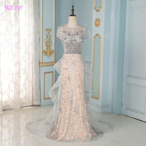 Fashion Silver Rhinestones Mermaid Evening Dress Long Cap Sleeve
