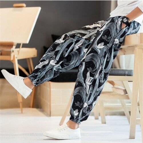 Mens Japanese Harajuku Style Loose Personality Printing Sweatpant Beach Casual Wear Harem Kimono Streetwear Trouser