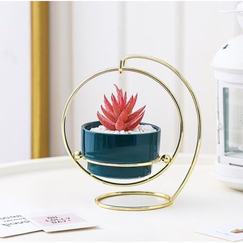 Nordic Iron Fleshy Flowerpot Simple Gold Plated Iron Art Hanging Basket Iron Frame Ceramic Flowerpot Net Balcony Decorations