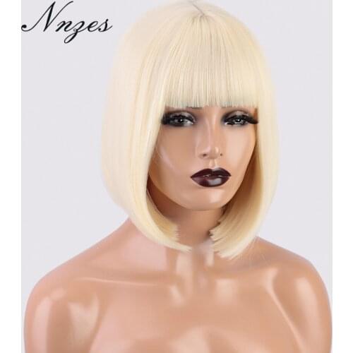 NNZES 12inches Short Blonde Wig with Bangs Straight Synthetic Wigs for Women Black Red Pink Color Daily Use Wig