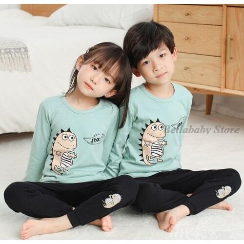 Long Sleeve Pajamas For Girls Teen Kid Pajama Boy Sets Blue Dinosaur Cartoon Cotton Pijama Set Children Sleepwear Top Pants Suit