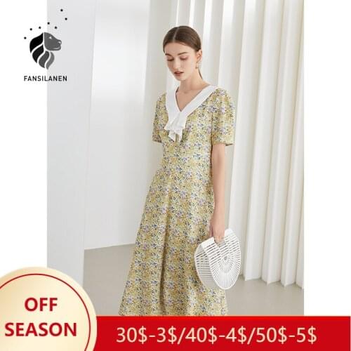 FANSILANEN Office Lady Gentle Floral Dress Female Summer 2021 New Slim V-neck Asymmetric Lotus Leaf Long Women Dress