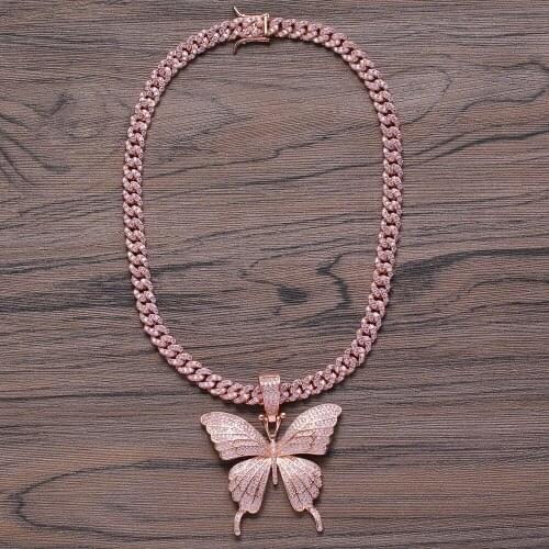 Brass CZ Butterfly Pendant with 8mm Brass Cuban Chain Iced out Bling bling Hip Hop micro pave Necklace Jewelry for women CN111