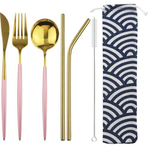 Pink Gold Travel Dinnerware Stainless Steel Portable Cutlery Knife Spoon Fork Straw With Cloth Pack Dinner Set For Picnic
