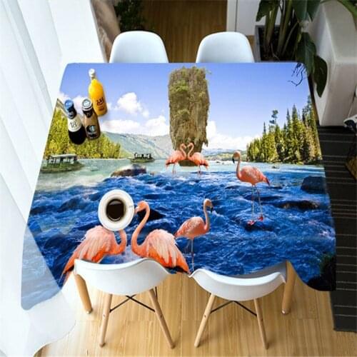 3D Blue Sea and Sky View Flamingo Family Tablecloth Thicken Cotton Rectangular/Round Table Cloth for Wedding Picnic Party