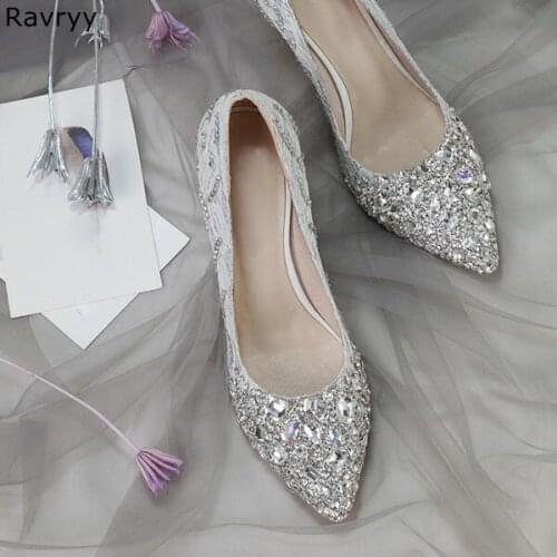 Bride wedding dress shoes 2018 luxury crystal shoes rhinestone woman high heels slip-on female sexy pump pointed toe stiletto