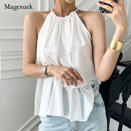 2021 Summer Pearl Ruffled Halterneck Top Feminine Off Shoulder Sleeveless Blouse Women Sexy Style Solid Blouse Blusa 15522