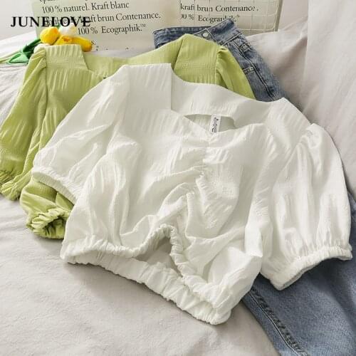 JuneLove Summer White Shirt Women Puff Sleeve Sexy Crop Tops Femme Tunics Chiffon Blouse Vintage Clothing Ladies Korean Fashion