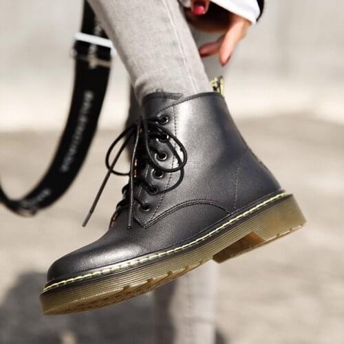 MORDOAN Genuine Cow Leath Lady boots womens classic all-match British style round toe thick bottom lace-up ankle boots women